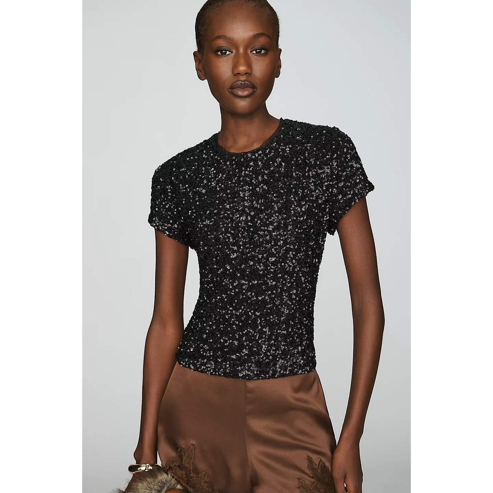 Anthropologie Maeve Sequin Baby Tee Black XS New With Tags